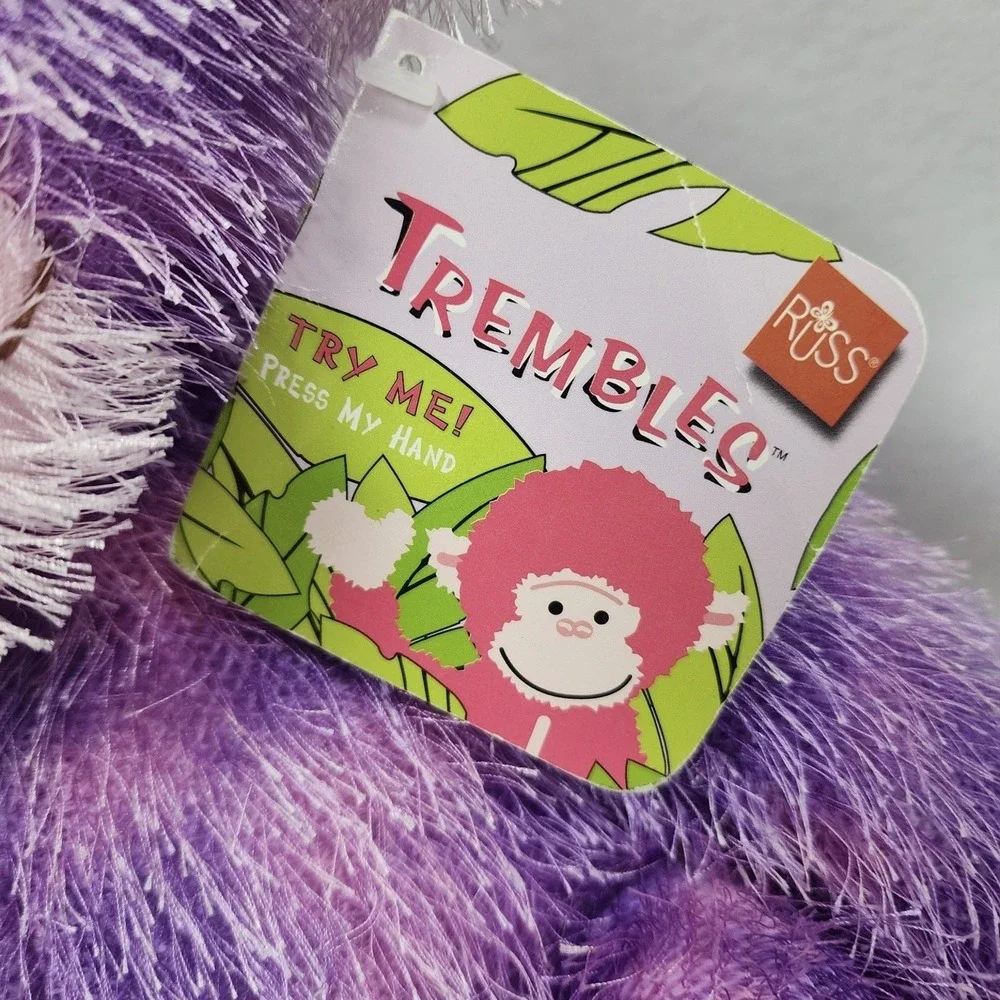 Vintage Russ Berrie Trembles Monkey Plush Toy with Sound Purple Stuffed Animal